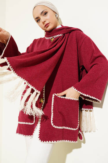 Midye Dikişli Atkılı Püsküllü Ceket Bordo - Ceket