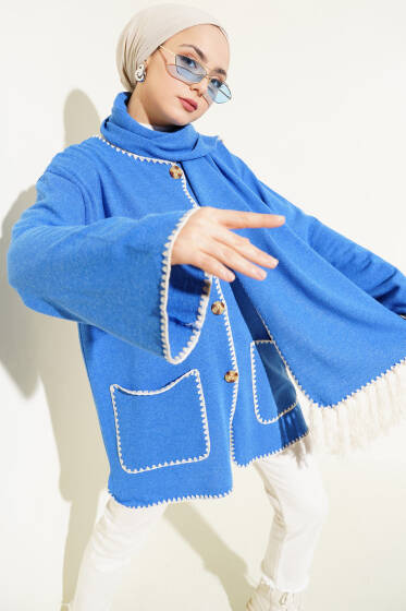 Midye Dikişli Atkılı Püsküllü Ceket Mavi - Ceket