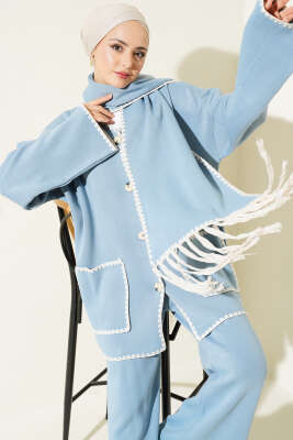 Midye Dikişli Atkılı Triko İkili Takım Bebe Mavi - Triko İkili Takım