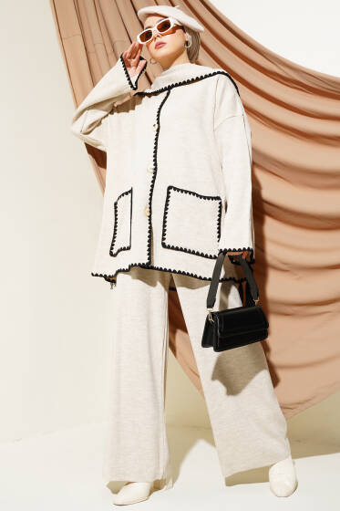 Midye Dikişli Atkılı Triko İkili Takım Bej Siyah - İkili Takım