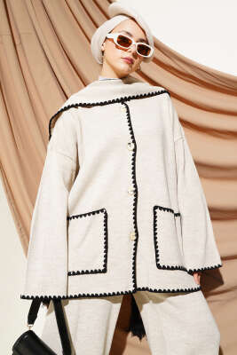 Midye Dikişli Atkılı Triko İkili Takım Bej Siyah - Triko İkili Takım