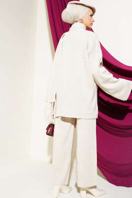 Midye Dikişli Atkılı Triko İkili Takım Bej - Triko İkili Takım