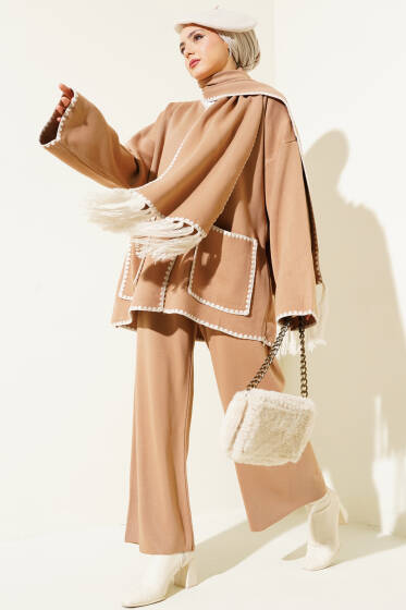 Midye Dikişli Atkılı Triko İkili Takım Bisküvi - İkili Takım