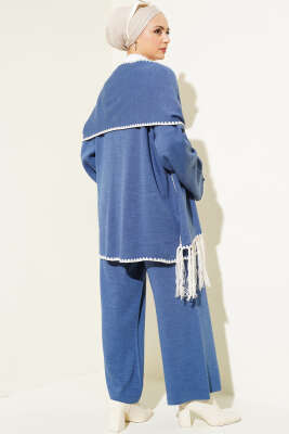 Midye Dikişli Atkılı Triko İkili Takım İndigo - Triko İkili Takım