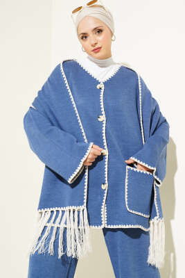 Midye Dikişli Atkılı Triko İkili Takım İndigo - Triko İkili Takım