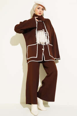 Midye Dikişli Atkılı Triko İkili Takım Kahve - Triko İkili Takım