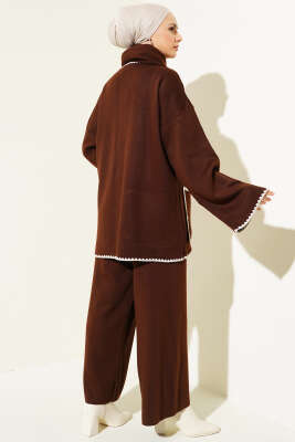 Midye Dikişli Atkılı Triko İkili Takım Kahve - Triko İkili Takım