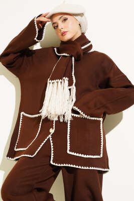 Midye Dikişli Atkılı Triko İkili Takım Kahve - Triko İkili Takım