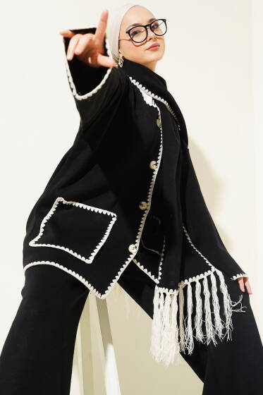 Midye Dikişli Atkılı Triko İkili Takım Siyah - İkili Takım