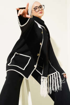 Midye Dikişli Atkılı Triko İkili Takım Siyah 