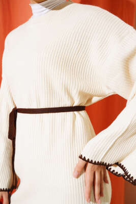 Midye Dikişli Fitilli Triko Elbise Taş - Tesettür Elbise