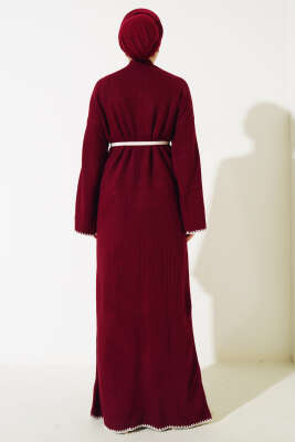 Midye Dikişli Fitilli Triko Elbise Bordo - Tesettür Elbise