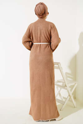 Midye Dikişli Fitilli Triko Elbise Büsküvi - Tesettür Elbise