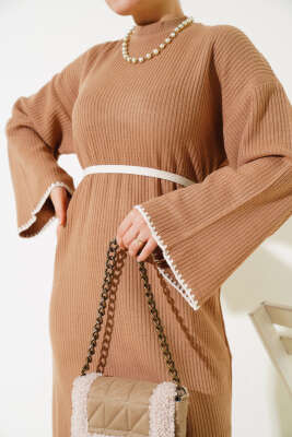 Midye Dikişli Fitilli Triko Elbise Büsküvi - Tesettür Elbise