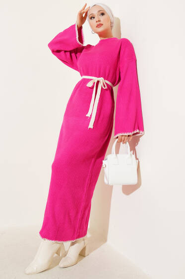 Midye Dikişli Fitilli Triko Elbise Fuşya - Elbise