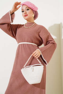 Midye Dikişli Fitilli Triko Elbise Gül Kurusu 