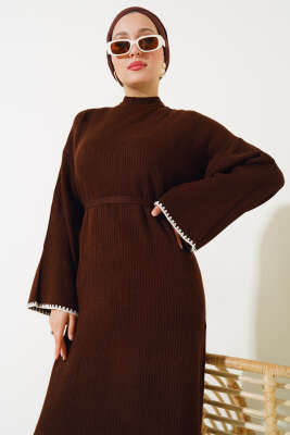 Midye Dikişli Fitilli Triko Elbise Kahve - Tesettür Elbise