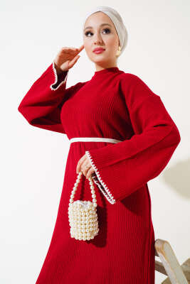 Midye Dikişli Fitilli Triko Elbise Kırmızı - Tesettür Elbise