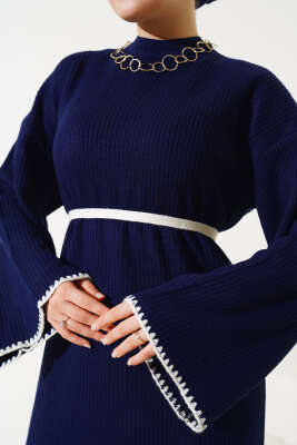 Midye Dikişli Fitilli Triko Elbise Lacivert - Tesettür Elbise