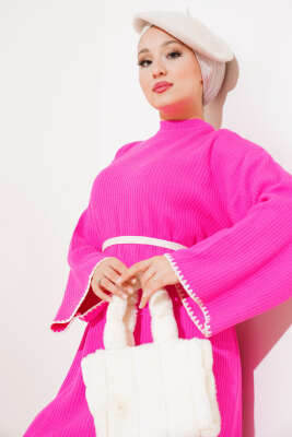 Midye Dikişli Fitilli Triko Elbise Pembe - Tesettür Elbise