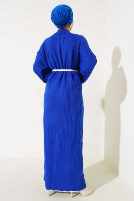 Midye Dikişli Fitilli Triko Elbise Saks - Tesettür Elbise