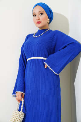 Midye Dikişli Fitilli Triko Elbise Saks - Tesettür Elbise