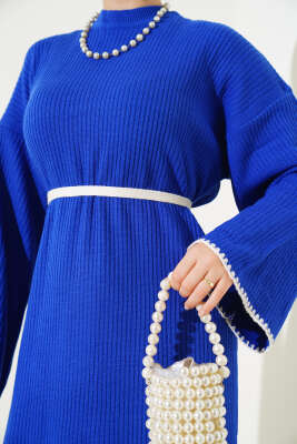 Midye Dikişli Fitilli Triko Elbise Saks - Tesettür Elbise