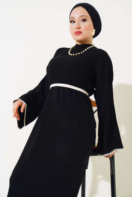 Midye Dikişli Fitilli Triko Elbise Siyah - Tesettür Elbise