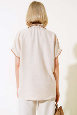 	 Midye Dikişli Kısa Kol Gömlek Bej - Kadın Giyim Modelleri