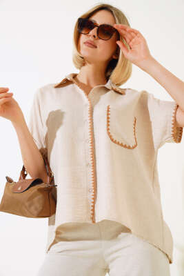 	 Midye Dikişli Kısa Kol Gömlek Bej - Kadın Giyim Modelleri