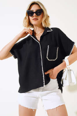 Midye Dikişli Kısa Kol Gömlek Siyah - Kadın Giyim Modelleri