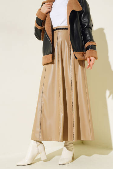 	 Midye Dikişli Kloş Deri Etek Latte - Etek