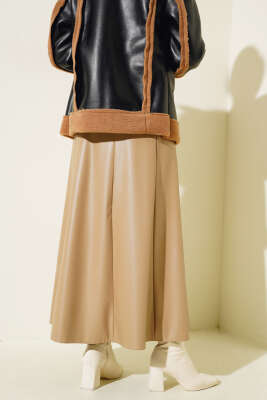 	 Midye Dikişli Kloş Deri Etek Latte - Uzun Etek