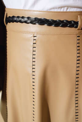 	 Midye Dikişli Kloş Deri Etek Latte - Uzun Etek