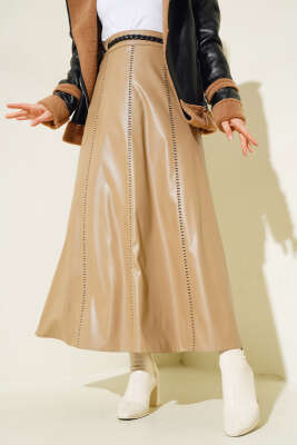 	 Midye Dikişli Kloş Deri Etek Latte - Uzun Etek