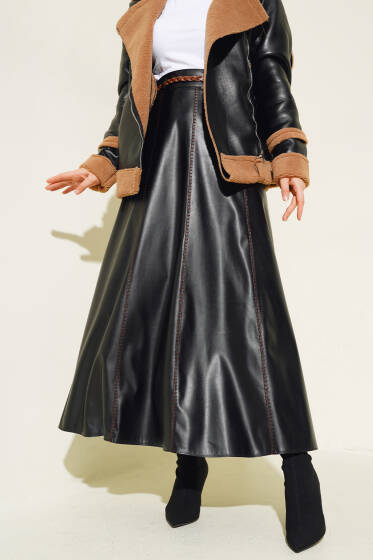 	 Midye Dikişli Kloş Deri Etek Siyah - Etek