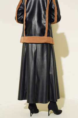 	 Midye Dikişli Kloş Deri Etek Siyah - Uzun Etek