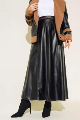 	 Midye Dikişli Kloş Deri Etek Siyah - Uzun Etek