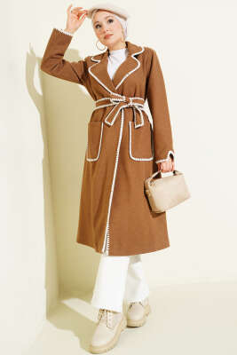 Midye Dikişli Kuşaklı Kaşe Kaban Camel - BERAT TEKSTİL