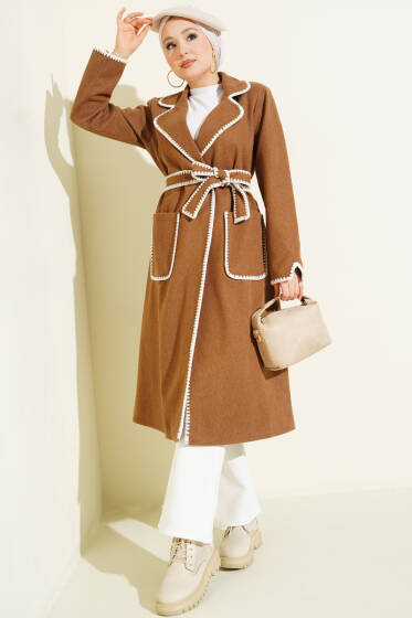 Midye Dikişli Kuşaklı Kaşe Kaban Camel - Kaban