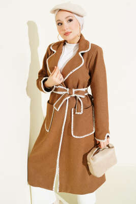 Midye Dikişli Kuşaklı Kaşe Kaban Camel - Kaban