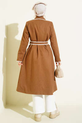 Midye Dikişli Kuşaklı Kaşe Kaban Camel - Kaban