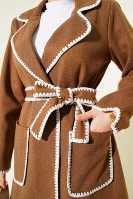 Midye Dikişli Kuşaklı Kaşe Kaban Camel - Kaban