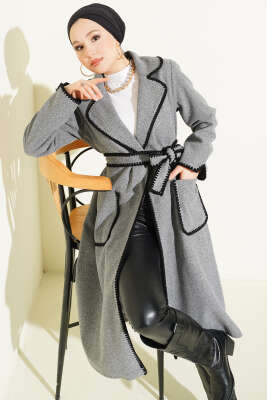 Midye Dikişli Kuşaklı Kaşe Kaban Füme - BERAT TEKSTİL