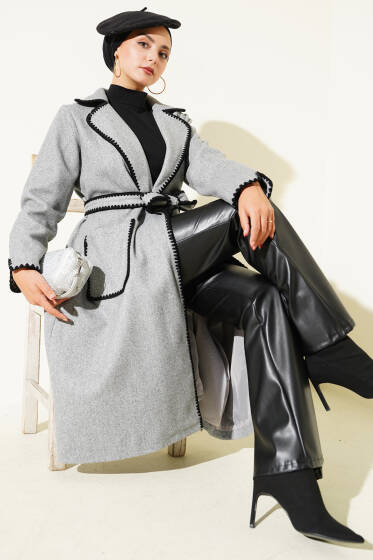 Midye Dikişli Kuşaklı Kaşe Kaban Gri - Kaban