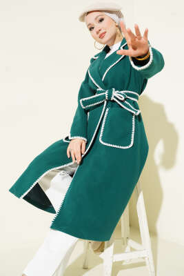 Midye Dikişli Kuşaklı Kaşe Kaban Zümrüt - BERAT TEKSTİL