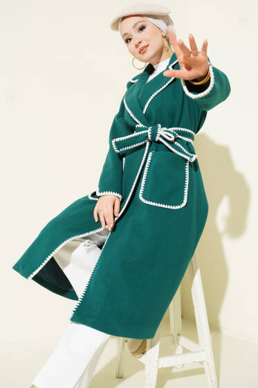 Midye Dikişli Kuşaklı Kaşe Kaban Zümrüt - Kaban