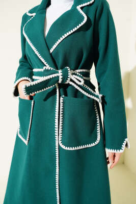 Midye Dikişli Kuşaklı Kaşe Kaban Zümrüt - Kaban