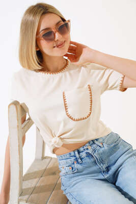 Midye Dikişli T-shirt Bej - TOP SHOW