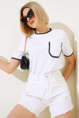 Midye Dikişli T-shirt Beyaz - TOP SHOW